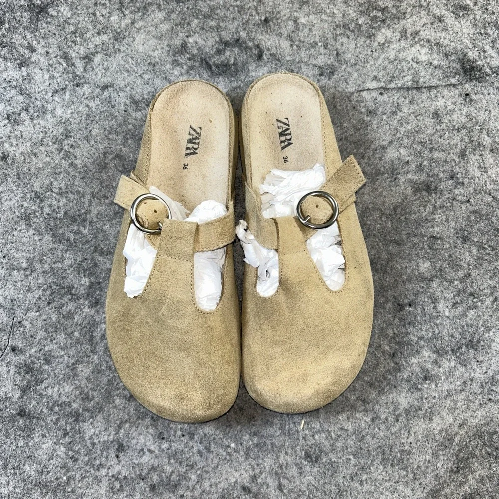 ZARA Kids Beige Suede Slip-On Clogs size 36/4 Leather Sliver Strap